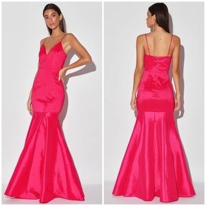LULU’S Party Has Arrived Bright Pink Mermaid Maxi Dress